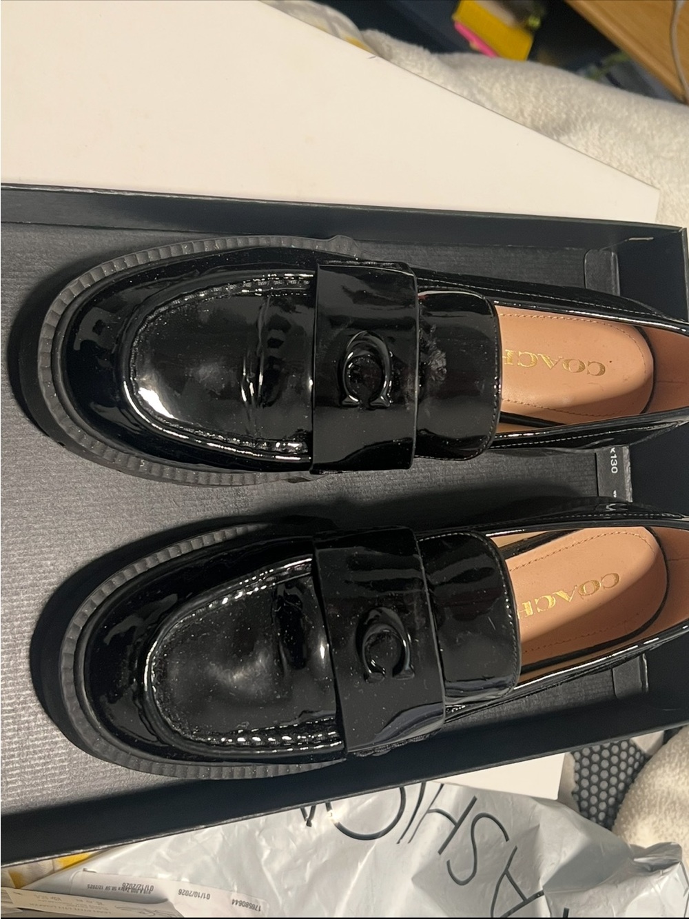 Coach Black Patent Leather Signature Penny Loafers